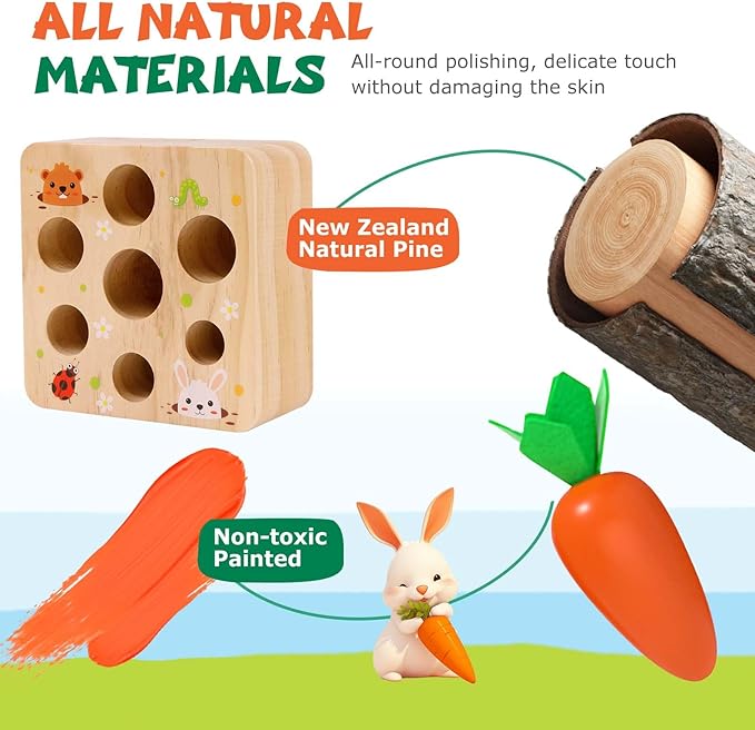 Montessori Toys for 1 Year Old, Montessori Baby Carrots Toy for 6-18 Months, Educational Wooden Carrot Harvest Game for Shape Sorting & Easter Toys, Birthday Easter Gifts for Babies Boys Girls