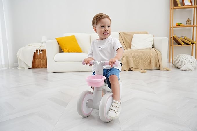 Kid's Balance Bikes for 1 Year Old Boys and Girls, 12-36 Months Toddler Ride-on with Adjustable Seat and a Front Basket, First Birthday Gifts (Pink)