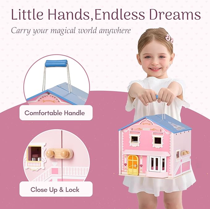 Giant bean Exquisite Pink Wooden Dollhouse for Girls with 2 Dolls and 12pcs Wooden Furniture,Foldable and Portable Pretend Play House Set with Handle, Christmas Birthday Gift for Girls Kids Age 3+