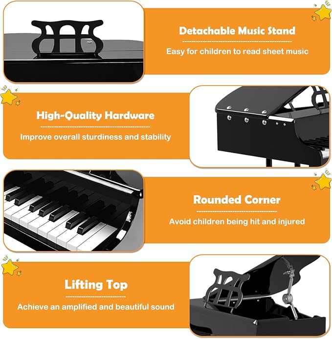 30-Key Kids Piano Keyboard, Mini Grand Piano for 3 Years+, Toddler Musical Instrument with Stool & Removable Music Stand, Wooden Baby Music Toys Gifts for Beginners, Girls & Boys