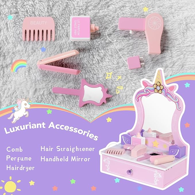 Wooden Vanity Set for Kids, Toddler Tabletop Beauty Salon Play Set w/Accessories & Drawer, Princess Makeup Pretend Play Vanity Table Toy with Mirror for Little Girls Age 3-8