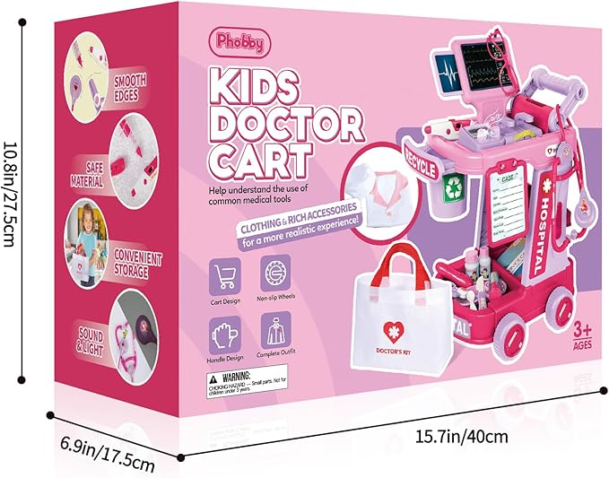 Doctor Kit for Toddlers Aged 3 4 5, Medical Pretend Play Set for Kids with Bag and Costume, Doctor Cart Toy for Girls Boys Christmas Birthday Gift (Pink)
