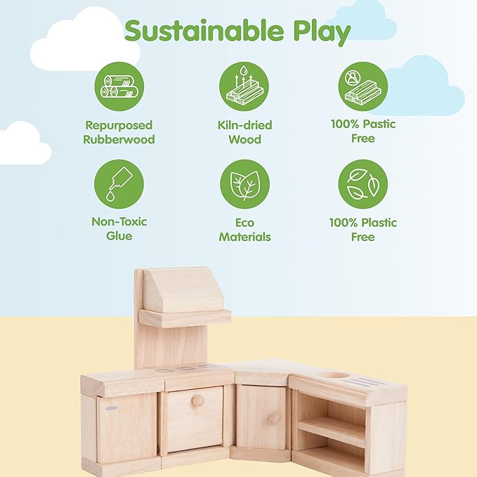 PlanToys Wooden Classic Line of Dollhouse Furniture- Kitchen Set (9013) | Sustainably Made from Rubberwood and Non-Toxic Paints and Dyes |PlanNatural Classic Wooden Toy Collection