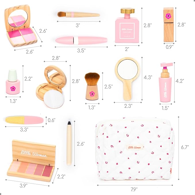 UMU® Wooden Pretend Makeup Kit for Toddlers – Realistic Toy Beauty Set for Girls with Lipstick, Mirror, Perfume, Powder & Cosmetic Bag – Play Makeup for Kids Ages 3 4 5 6