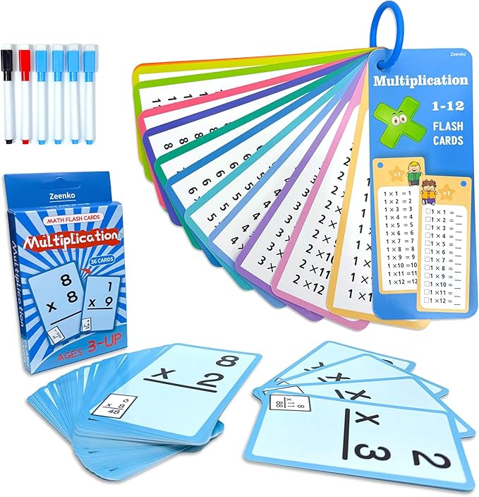 1-12 Math Flash Cards with 6 Dry Erase Pens, 15Pcs Big Multiplication Flash Cards + 36 Pcs Random Double-Sided Multiplication Practice Cards, Educational Math Flashcards for Kids Ages 6+