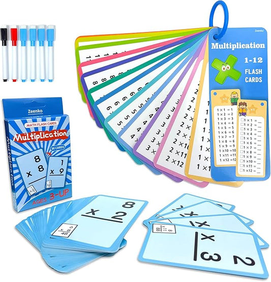 1-12 Math Flash Cards with 6 Dry Erase Pens, 15Pcs Big Multiplication Flash Cards + 36 Pcs Random Double-Sided Multiplication Practice Cards, Educational Math Flashcards for Kids Ages 6+