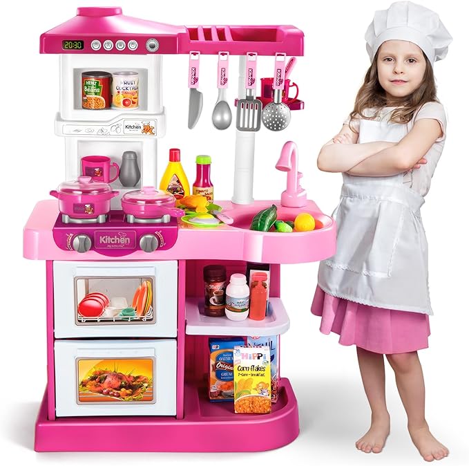 53 PCS Play Kitchen Pretend Food Set for Kids Ages 3-6 4-8, Pink Kitchen Toys with Light, Sound and Spraying, Sink Toy Accessories, Indoor Outdoor Playset for Toddlers 3-5 Boys Girls 6-12