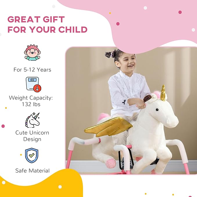 Qaba Kids Spring Rocking Horse, Ride on Horse for Girls and Boys with Animal Sounds, Plush Horse Ride-on with Soft Feel, Interactive Toy for Kids, Pink