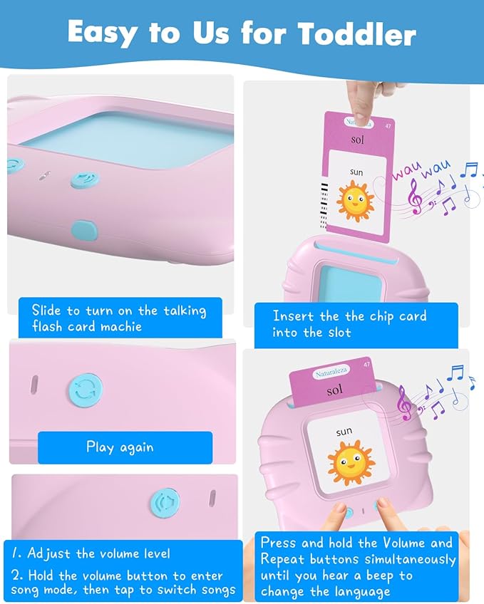 510 Words Toddler Spanish English Talking Flash Cards for 1 2 3 4 5 6 Years Old Boys and Girls, Autism Sensory Therapy Toys for Kids, Leaning Educational Montessori Pocket Speech Christmas Toys 1-3