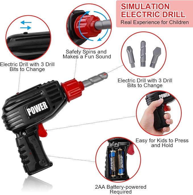 LOYO Kids Tool Set - Pretend Play Construction Toy with Tool Box Kids Tool Belt Electronic Toy Drill Construction Accessories Gift for Toddlers Boys Ages 3 , 4, 5, 6, 7 Years Old (red)