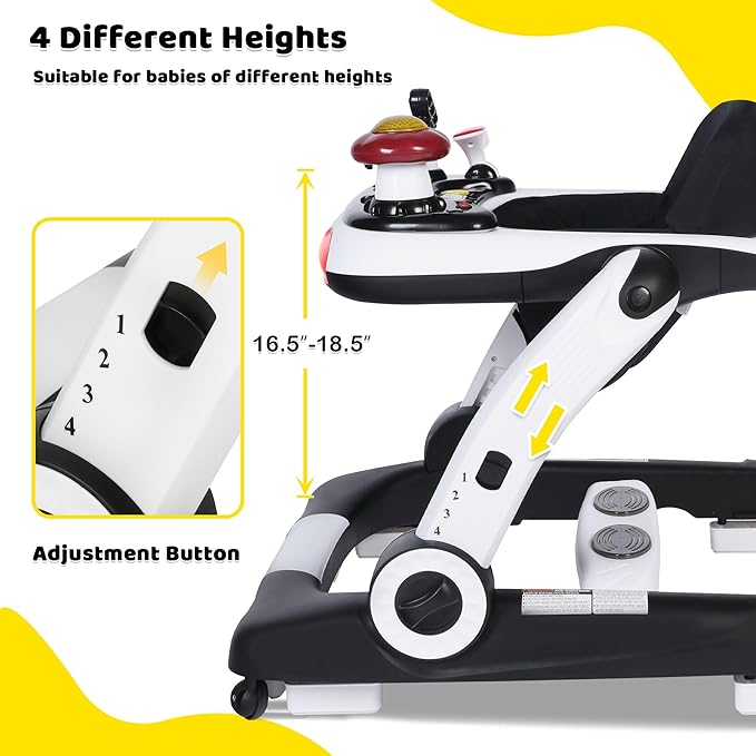 6 in 1 Baby Walker, Baby Activity Center for Toddler, Walker Rocker Bouncer w/Adjustable Height Speed, Learning-Seated & Walk-Behind, Infant Walker w/Feeding Tray & Music Toys, Black