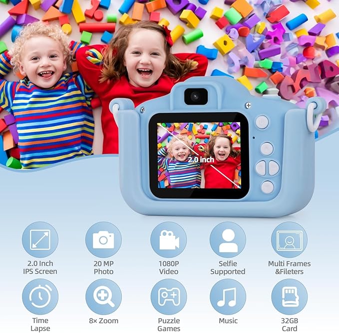 Kids Camera for Boys Age 3-12, Toddler Digital Camera, Multifuntional & Creative Christmas Birthday Gifts Toy with 32GB SD Card, Up to 48MP, 1080P HD Video, IPS Screen, Selfie Func, Games & Music
