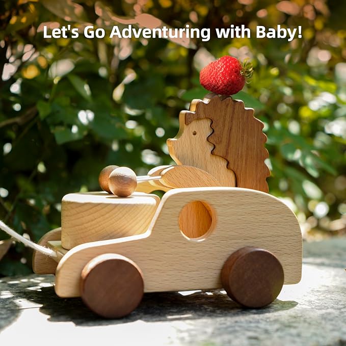 Hedgehog Pull-Along Toy | Musical Wooden Pull Toy with Wooden Grip Ring | Natural Drumming Sound for Toddlers 1.5+ Years