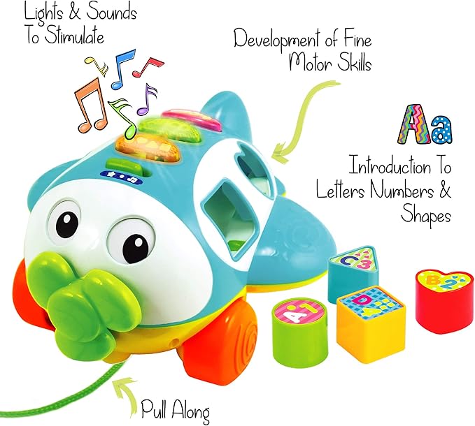 Musical Shape Sorter Plane, Pull-Along Toy - Talking and Singing Airplane Toy with Music for Toddlers and Kids, Ages 12 Months+