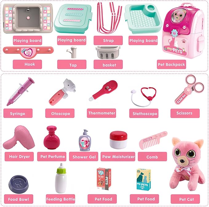 Pet Cat Carrier Backpack Toy, MAGIC4U 23PCS Pet Care Playset,Vet Clinic and Doctor Kit for Kids, Veterinarian Pretend Play Set for Boys and Girls Ages 3-6 Pink