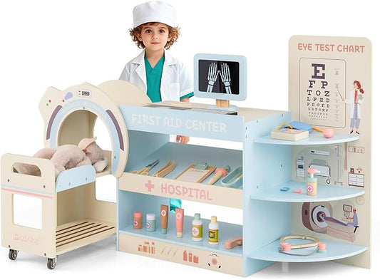 Costzon Kids Doctor Play Set, Wooden Pretend Doctor Kit w/ Eye Chart, Toy CT Machine, Realistic Medical Station & 20 Hospital Accessories, Toy Medical Center Playset for Boys Girls Aged 3+ (Blue)