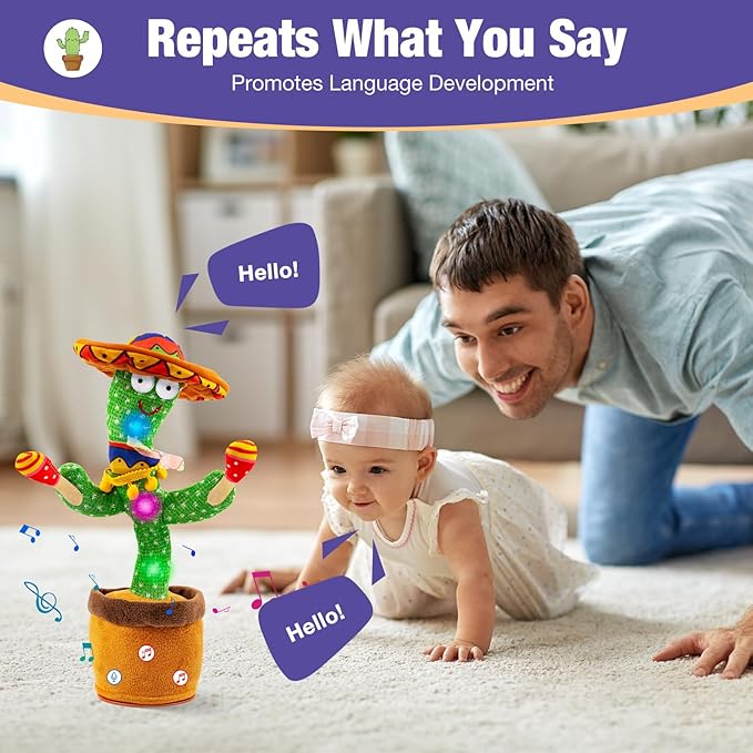 Ayeboovi Dancing Talking Cactus Baby Toy, Mimicking Recording Toy Repeats What You Say, Adjustable Volume Singing Cactus with 120 Songs, Interactive Dancing Toy Gifts for Kids Toddlers Boys Girls