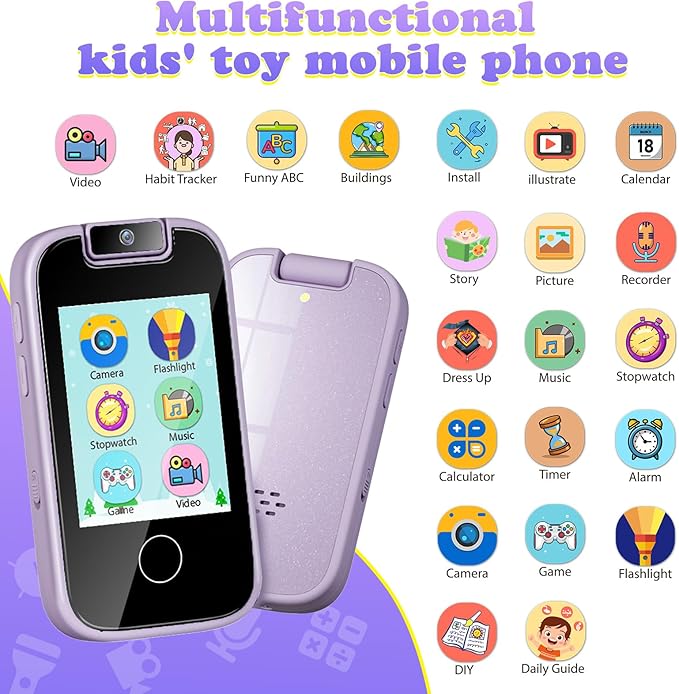 PTHTECHUS Kids Phone Toys for Girls Boys - Toddler Touchscreen MP3 Music Player with Dual Camera, Habit Tracker, Games, Alphabet, Educational Learning Toys Birthday Easter Gifts for 3-7 with SD Card