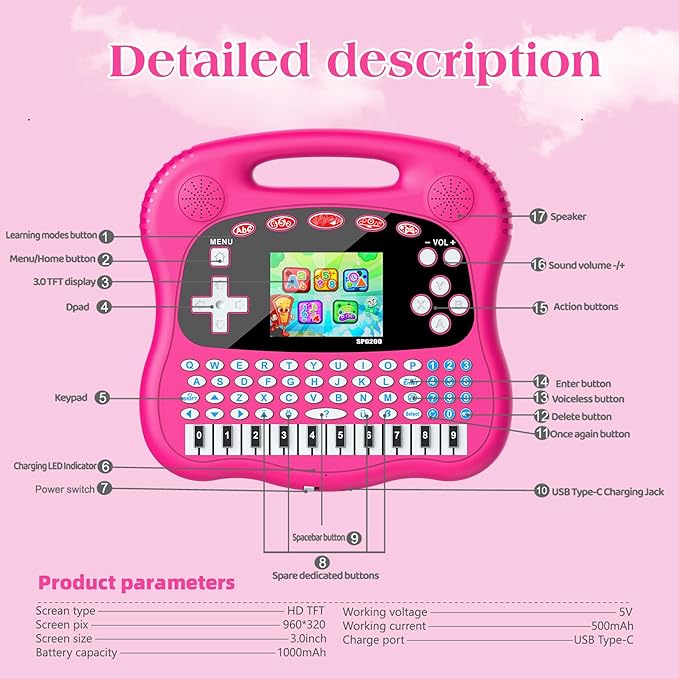 Interactive Early Learning Tablet - Educational Toys for Ages 2+ - Abc's, Words, Shapes, Numbers, Games, Music - Encourages Independent Play - Electronic Toys Gifts (Pink)