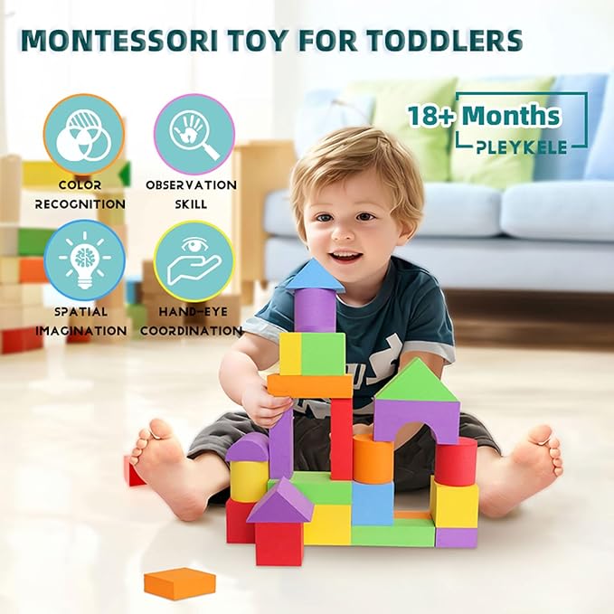 Suitable Size Foam Building Blocks for Toddlers 18M+, Big Soft Stacking Blocks Toys, Baby Bath Toys, Sensory & Early Development Toys for Kids 1.5 Years Up (Starter Kit)