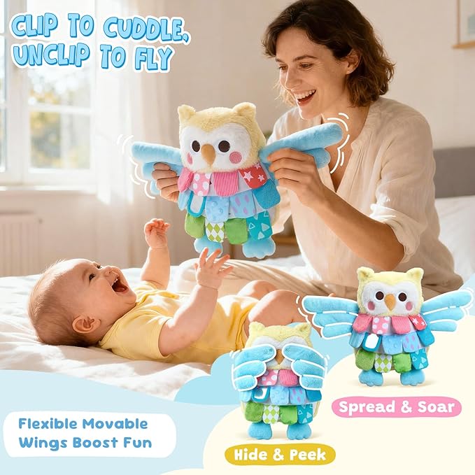 JoyCat Baby Tummy Time Toys 0-12 Months, Sensory Owl Stuffed Animal, Soft Montessori Infant Toy with Textured Crinkle Mirror, 13 Inch Carseat Toy for Newborn Boy Girl Shower Christmas Gift
