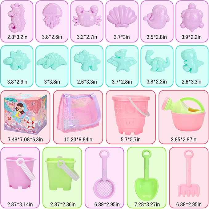 Tagitary Beach Sand Toys Set for Kids 3-10 with Bucket Watering Can Shovel Rake Sand Molds Beach Shell Bag