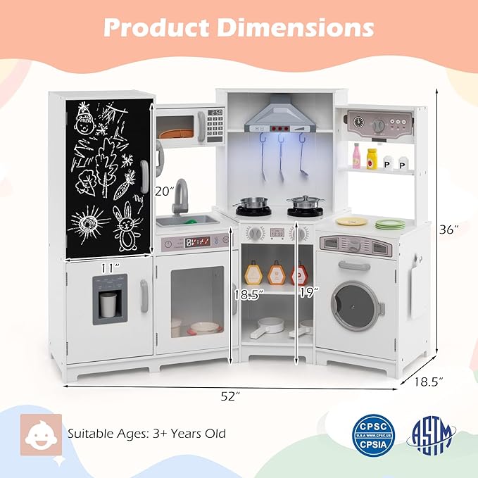 Costzon Corner Play Kitchen w/Lights, Sounds, Large Pretend Play Kitchen Set w/Blackboard, Microwave, Cooking Accessories, Wooden Montessori Sensory Toy for Kids 3+ Years Old (White)