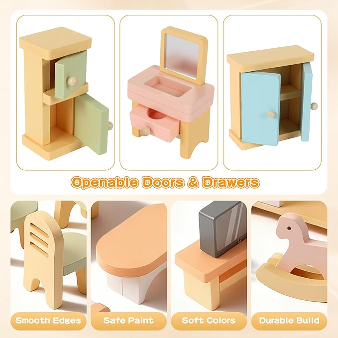 35PCS Wooden Dollhouse Furniture Set with Dolls for 5 Rooms Kits, Doll House Accessories Furniture Toys for Toddlers, Pretend Play Toys Christmas Birthday Gift for Girls and Boys, 3+