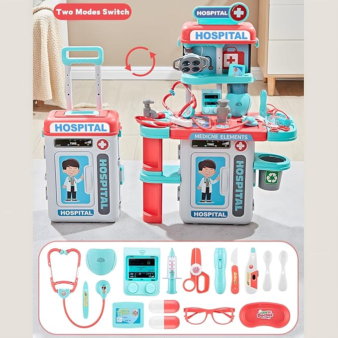 Doctor Kit for Kids 3-5, Toddler Play Set with Rolling Cart, Costume, and Stethoscope, Role Play Kids Doctors Set Educational Birthday Gift for Girls(Pink)