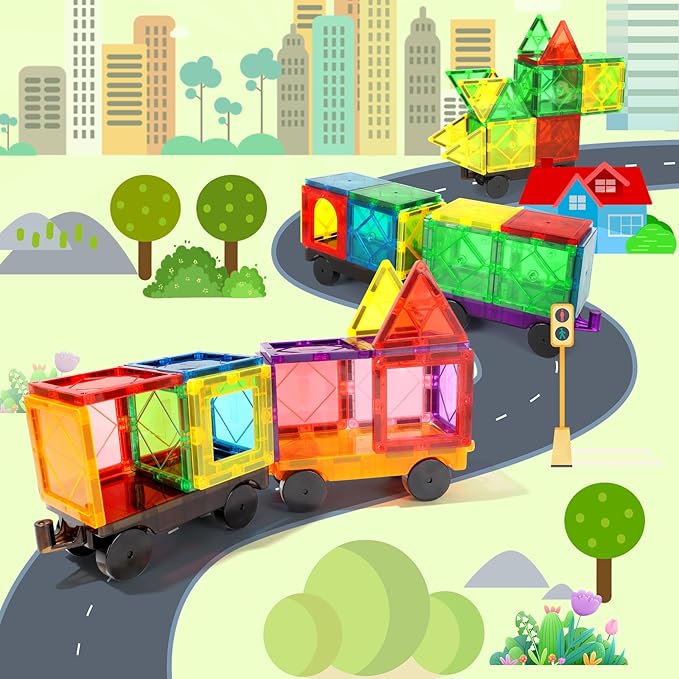 Magnetic Tiles Cars Construction Set - 4 PCS Magnetic Tiles Magnet Bricks Truck Sensory Toys, Educational Magnet Cars Set Building Blocks for 3 4 5 6 7 8+ Year Old Girls Boys