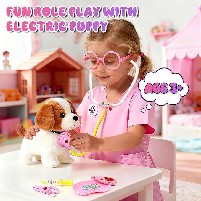 UBeesize Electronic Dog Toy Doctor Kit for Toddlers 3-5, Kids Doctor Play Set with Interactive Plush Dog, Medical Toy Kits and Costume, Pretend Vet Playset for 3 4 5 Year Old Girl Birthday Gifts Pink