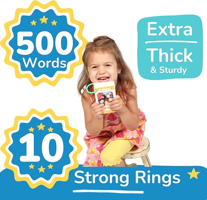 500 Words Thick & Sturdy Learning Flash Cards for Toddlers 1-3 with Rings - 1 Year Old Girl Gifts - Educational & Montessori Toys for 1 Year Old boy - Toddler Flashcards for Preschool & Kindergarten
