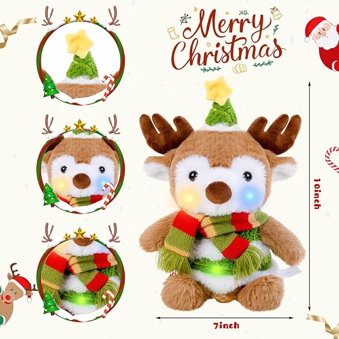 Christmas Reindeer Plush Interactive Toy, Dancing Singing Repeating Light up Reindeer Stuffed Animal, Animated Christmas Plush Musical Holiday Decorations for Kids Boys Girls Gifts