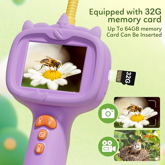 Kids Borescope Toys Camera with Light for 4-10 Years Old Boys Girls Birthday Gift 32GB Type-C Rechargeable STEM Science Educational Toy Snake Scope Camera for Outdoor Camping Nature Exploration