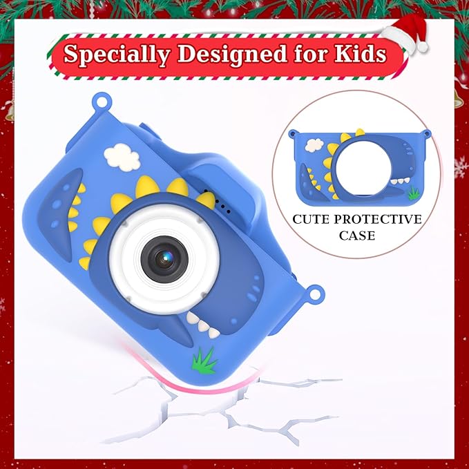 Kids Camera for 3-9 Year Old Boys Girls, Children Digital Camera with Cute Cartoon Soft Cover & 32GB SD Card, Best Christmas Birthday Gifts for Grandkids, Halloween Party Favors for Kids - Blue