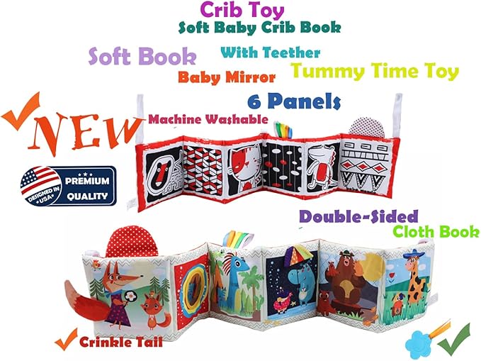 bebe mondo High Contrast Tummy Time Toys, Black and White Crinkle Books for Babies, Baby Books 0-6 Months, Infant Mirror Toy with Teether, Double-Sided Baby Toys for Boys and Girls