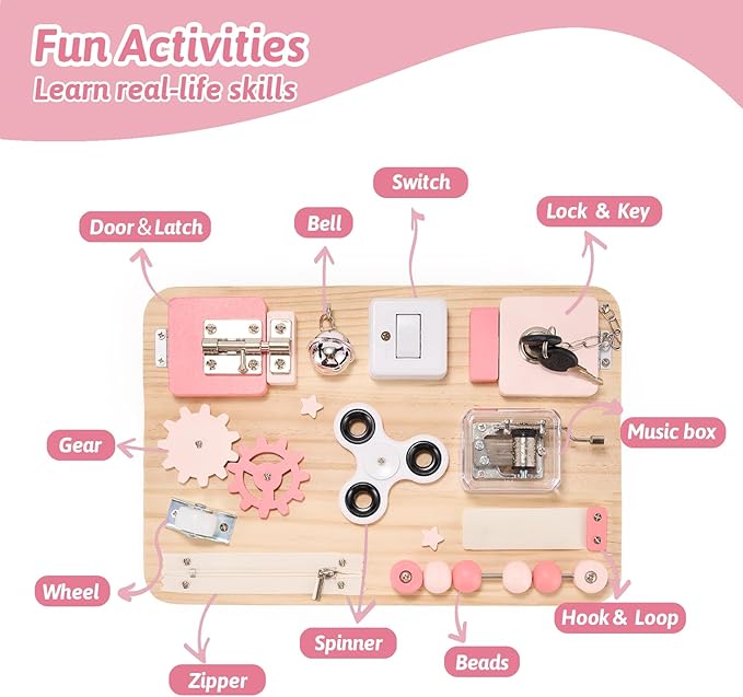 Potatomato Pink Montessori Wooden Busy Board – Sensory Fine Motor Skill Toy for Toddlers – Educational Activity Board for Kids – Travel Fidget Toy for Girls & Boys – Birthday Gift for Autism & ADHD