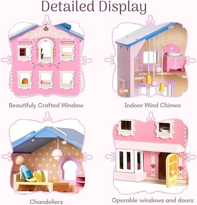 Giant bean Exquisite Pink Wooden Dollhouse for Girls with 2 Dolls and 12pcs Wooden Furniture,Foldable and Portable Pretend Play House Set with Handle, Christmas Birthday Gift for Girls Kids Age 3+