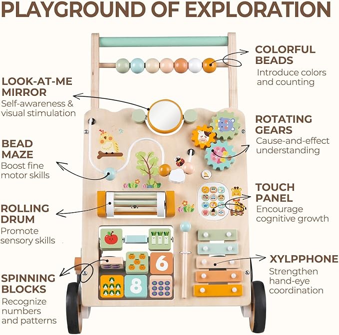 Baby Push Walker, Wooden Baby Walker with Wheels, Montessori Activity Center for 1 2 3 Years Old Boys Girls, Adjustable Speed & Height Push Toy for Toddlers, Educational Gift for 1+ Kids Development