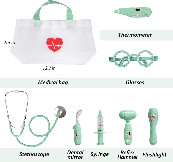 Kids Doctor Kit, 8 Pieces Toddlers Doctor Playset with Medical Storage Bag & Real Stethoscope, Pretend Play Doctor Toys Christmas Birthday Gift for Boys Girls Aged 3 4 5 6 (Green)