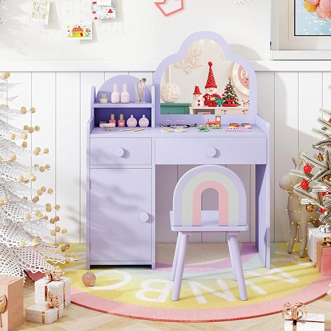HONEY JOY Kids Vanity, Cloud Shape Wooden Girls Vanity Set with Mirror and Stool, Drawers, Storage Cabinet, Toddler Makeup Desk Dressing Table, Pretend Play Kids Vanity Table and Chair Set (Purple)