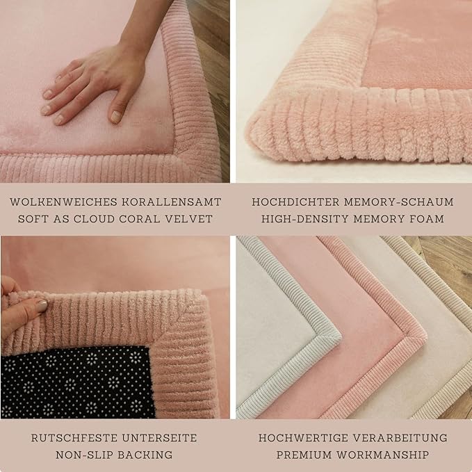 Stylish Coral Velvet Baby Play Mat 60" x 80" Pink – Soft 1" Thick High-Density Memory Foam Nursery Rug – Playmat for Floor with Non-Slip Backing for Crawling & Playing – Non-Toxic, odorless Area Rug