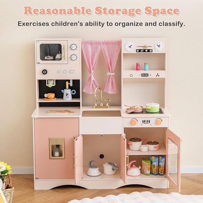 INFANS Kids Kitchen Playset, Cooking Toy Kitchen Set with Coffee Machine Stove Removable Sink Microwave Storage Cabinet, Simulation Wooden Play Kitchen for Toddler Boys Girls