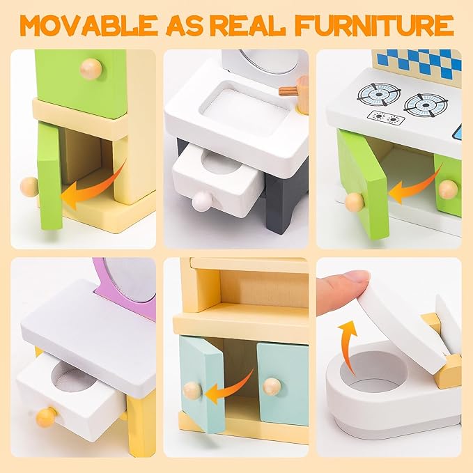 36PCS Wooden Dollhouse Furniture Set with 4 Flexible Family Dolls - 5 Room Realistic Doll House Accessories for Toddlers 3 4 5 6 , Pretend Play Toys Gift for Birthday and Christmas