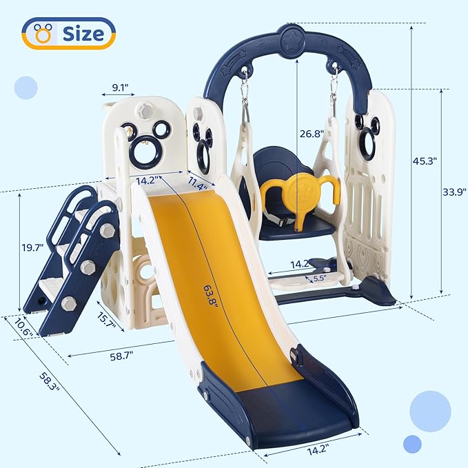 Arlopu 7 in 1 Toddler Slide and Swing Set, Kids Climber Playset with Ball & Hoop, Telescope, Suction Cup Reinforced Base, Baby Indoor Outdoor Playground (Dark Blue)