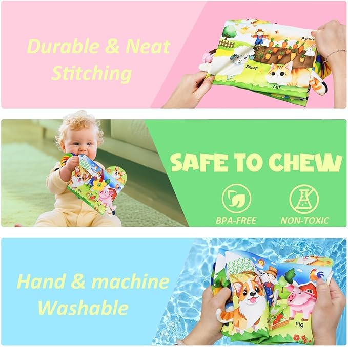 Farm Crinkle Books for Babies with 10 Finger Puppets Set, Touch and Feel Cloth Soft Farm Animal Tail Baby Books 0-6 Months with Teething Toy, Infant Toys 6-12 Months, Baby Christmas Shower Gifts