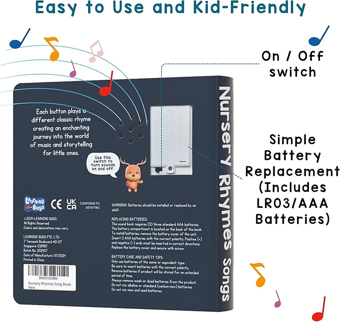 LEARNING BUGS Nursery Rhymes – Sing Along with 28 Favorite Nursery Rhymes, Musical Books for Toddlers, 28-Button Music Book, Musical Toys for Toddlers 1-3