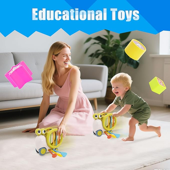 Activity Cube Baby Toys, 5 in 1 Montessori Sensory Toy for 1-3, Infant Toy with Shape Sorter & Silicone Pull String, Snail Push-to-go Car Seat Airplane Travel Toy Gift for Boy Girl