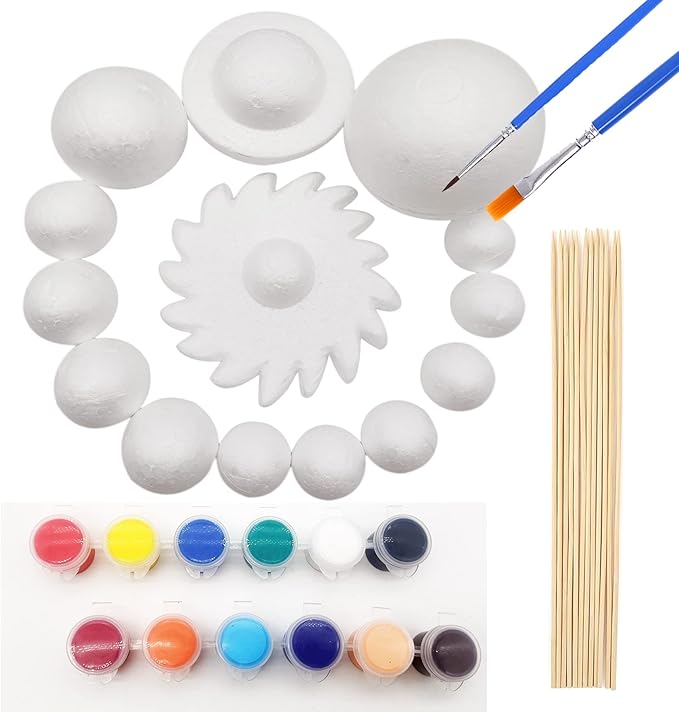 Acrice Solar System Model Kit for Kids Includes 14PCS Mixed Sized Foam Balls, 12PCS Bamboo Sticks, 12 Color Pigments, 2PCS Painting Brushes for School Science Projects and DIY Planet Handcraft