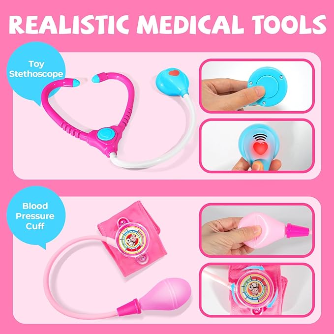 Doctor Kit for Toddlers 3-5 - Preschool Pretend Play Medical Kit with Stethoscope, Blood Pressure Cuff and Carrying Bag- Dress Up Toys for Kids Ages 3+ Years